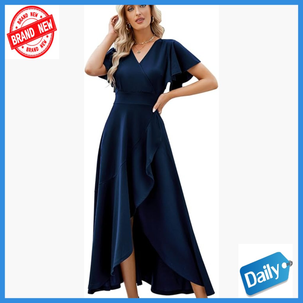 Elegant Formal Gown With V-Neck Ruffle Sleeves Split Hem Ankle Length